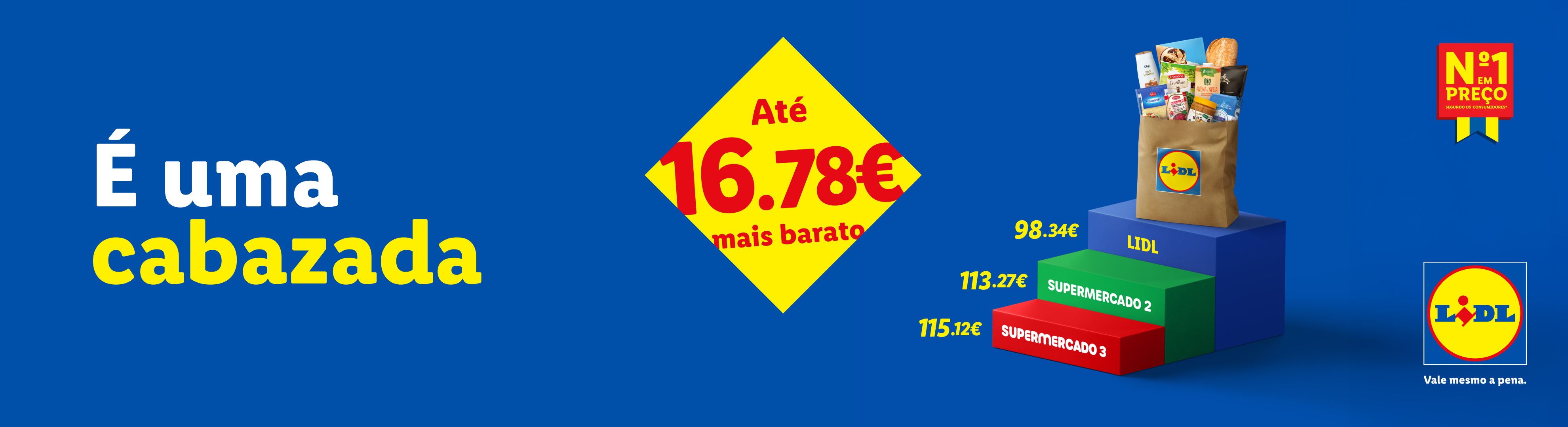 Um saco de compras cheio de produtos, incluindo pão, aveia e queijo, com preços comparativos de supermercados.