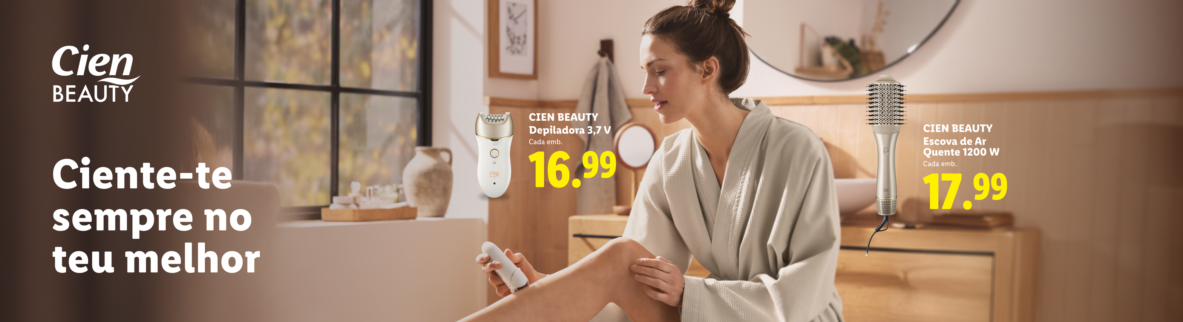 Mulher a depilar as pernas com um depilador e uma escova de ar quente, com os preços de 16,99€ e 17,99€, respetivamente.