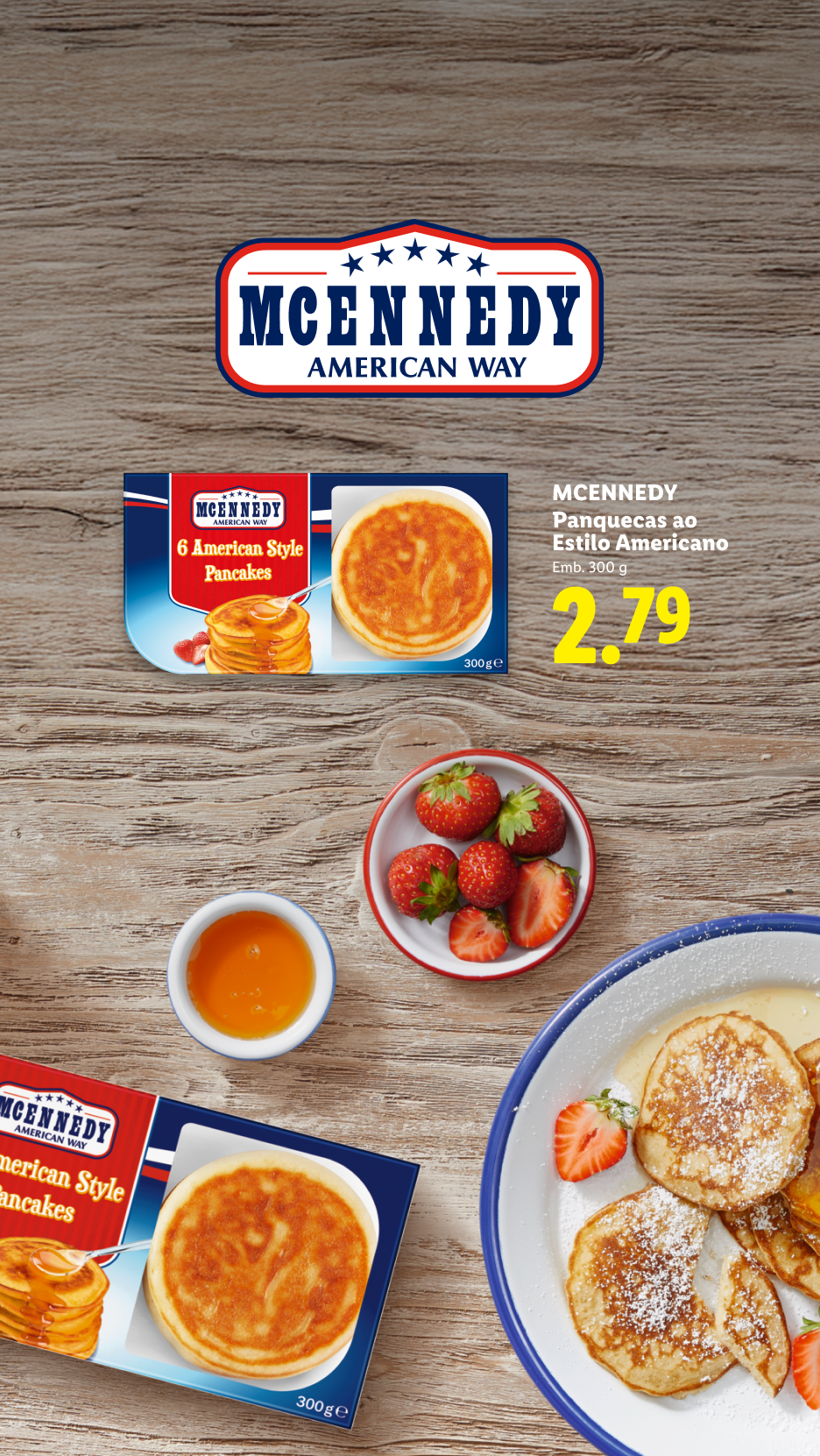 Panquecas estilo americano com morangos e mel, embalagem de 300g, preço 2,79.