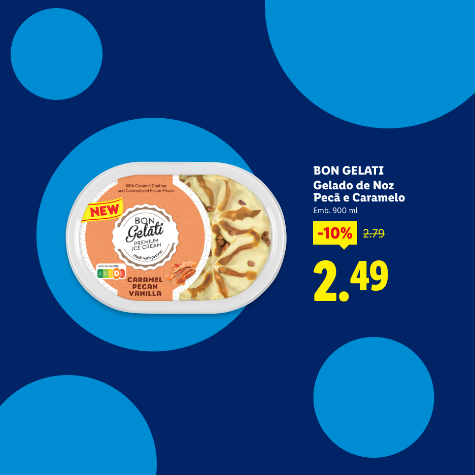 Gelado de noz pecã e caramelo com 10% de desconto, agora 2,49€.
