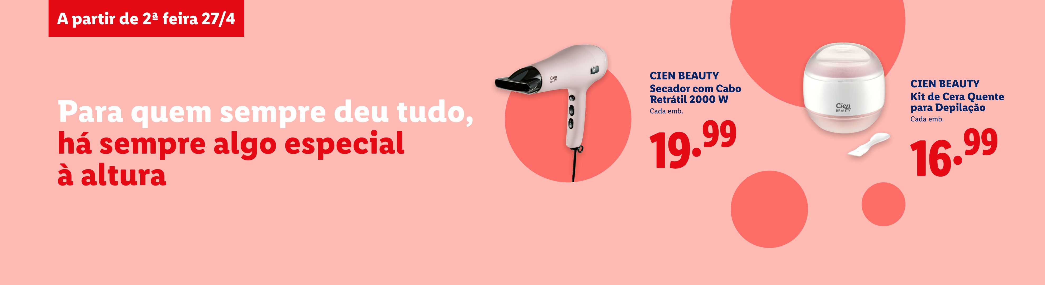 Secador de cabelo e kit de cera quente para depilação, com preços e texto promocional.