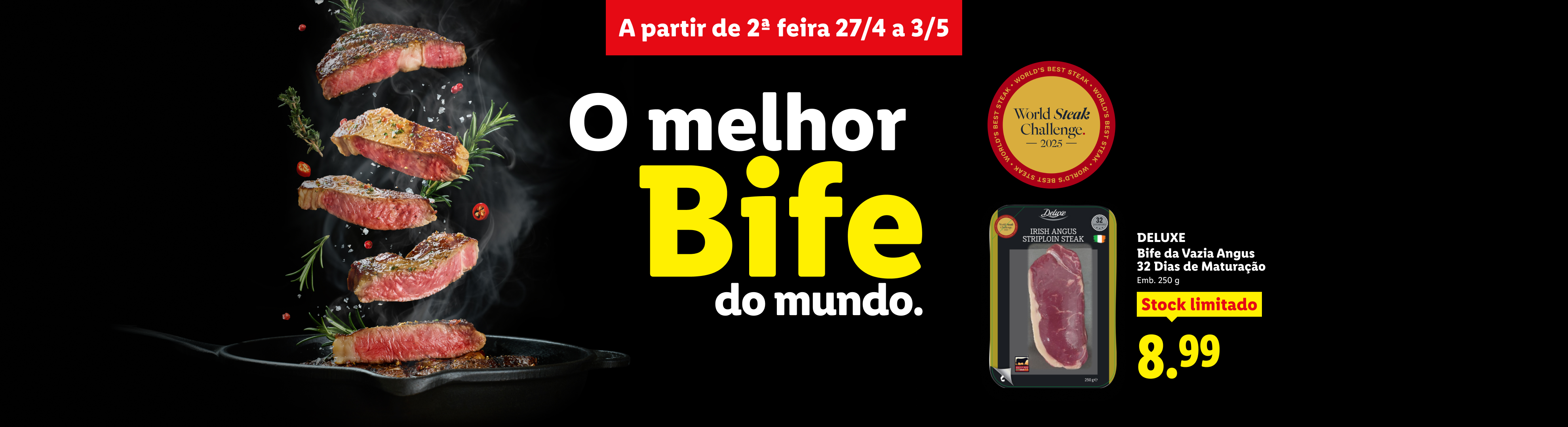 Bife de Angus em destaque, com a frase 'O melhor Bife do mundo' e preço de 8,99€.
