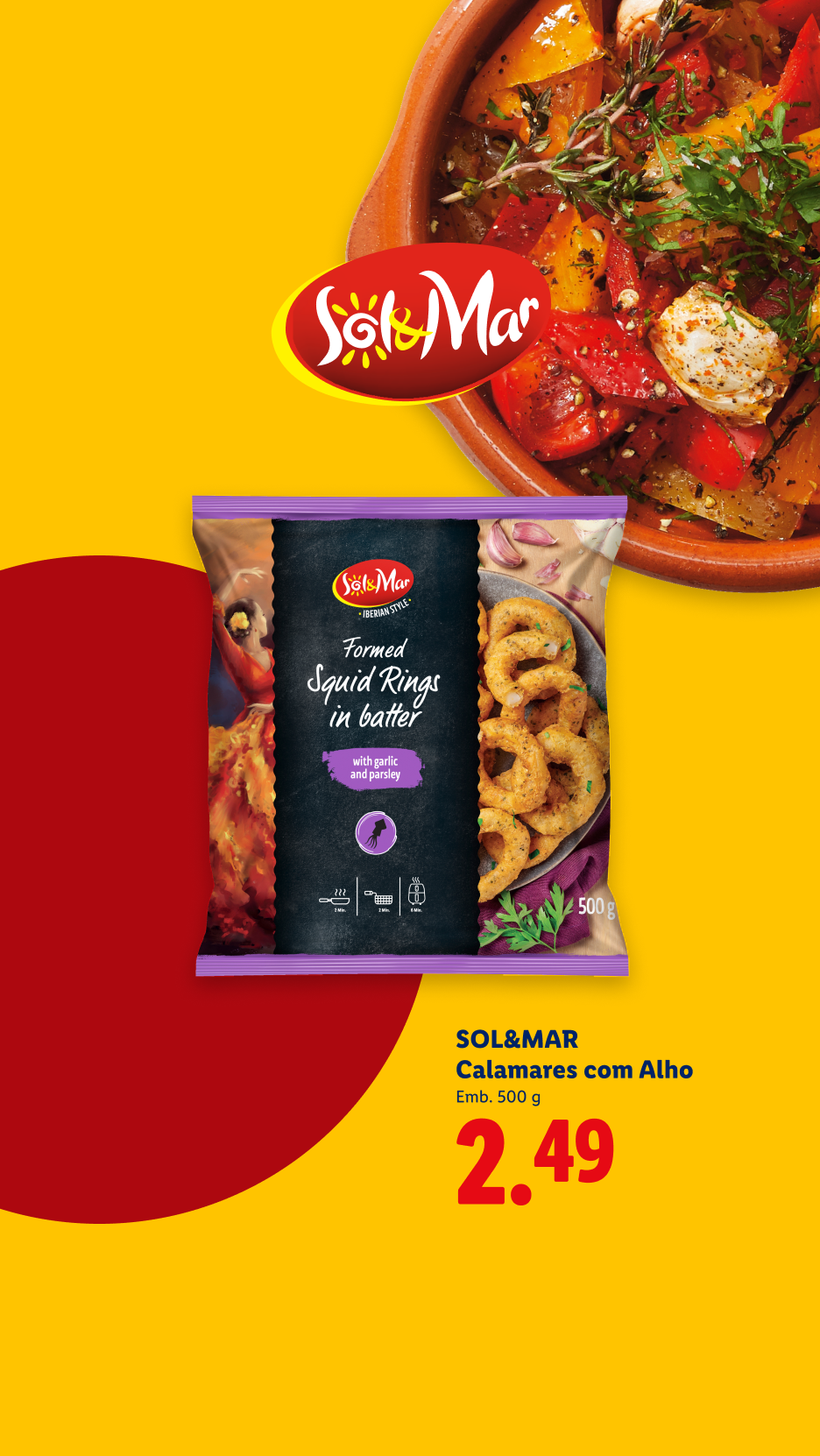 Anéis de lula panados com alho e salsa, 500g, por 2,49€.