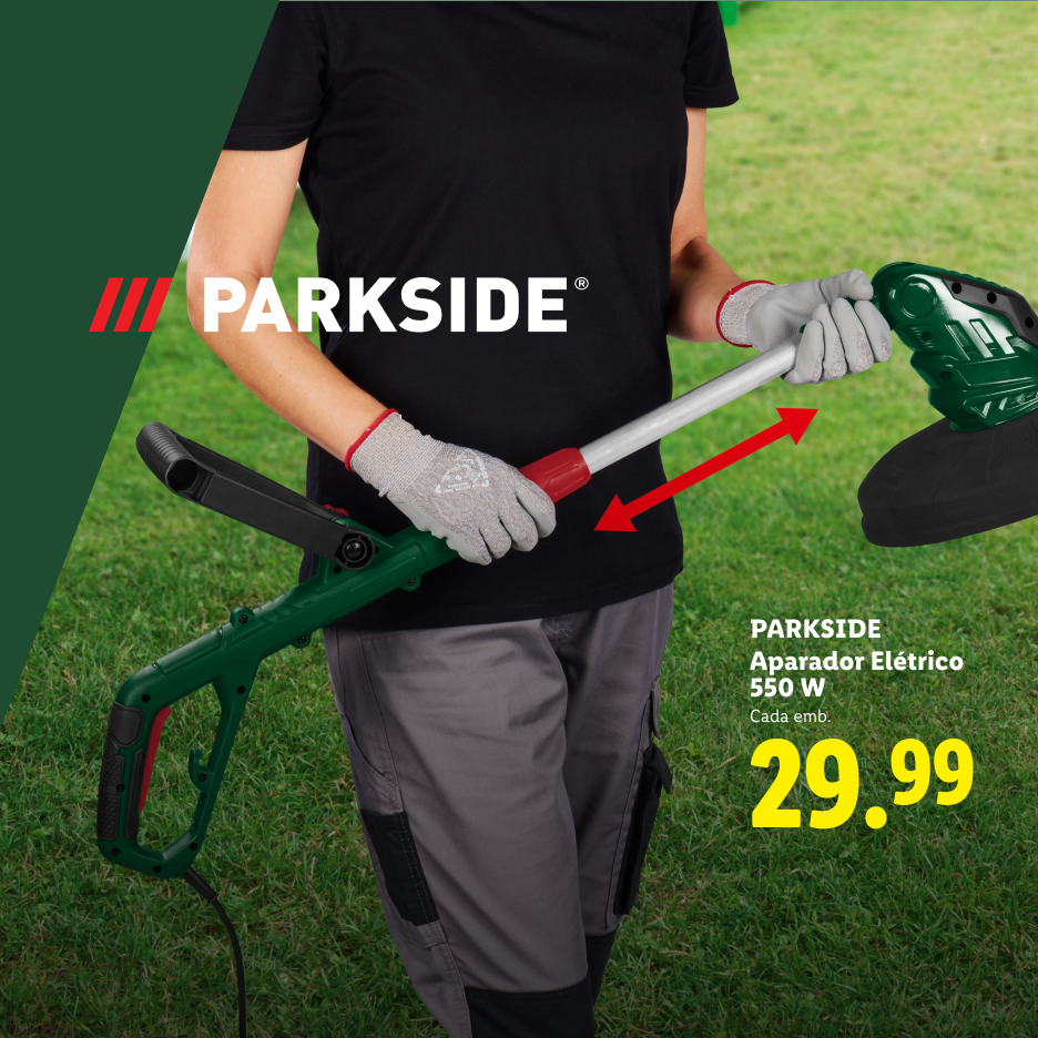 Mulher a usar um aparador elétrico de relva de 550W, preço 29,99.