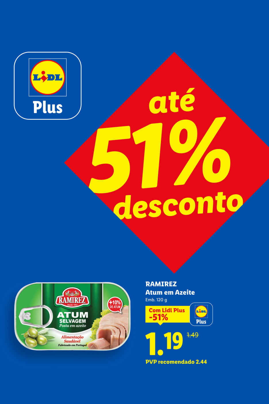 Lata de atum em azeite com desconto de 51% para membros Lidl Plus.