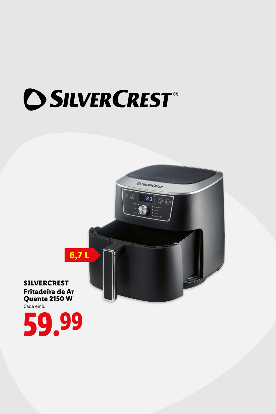 Fritadeira de ar quente de 6,7 L e 2150 W, com preço de 59,99.