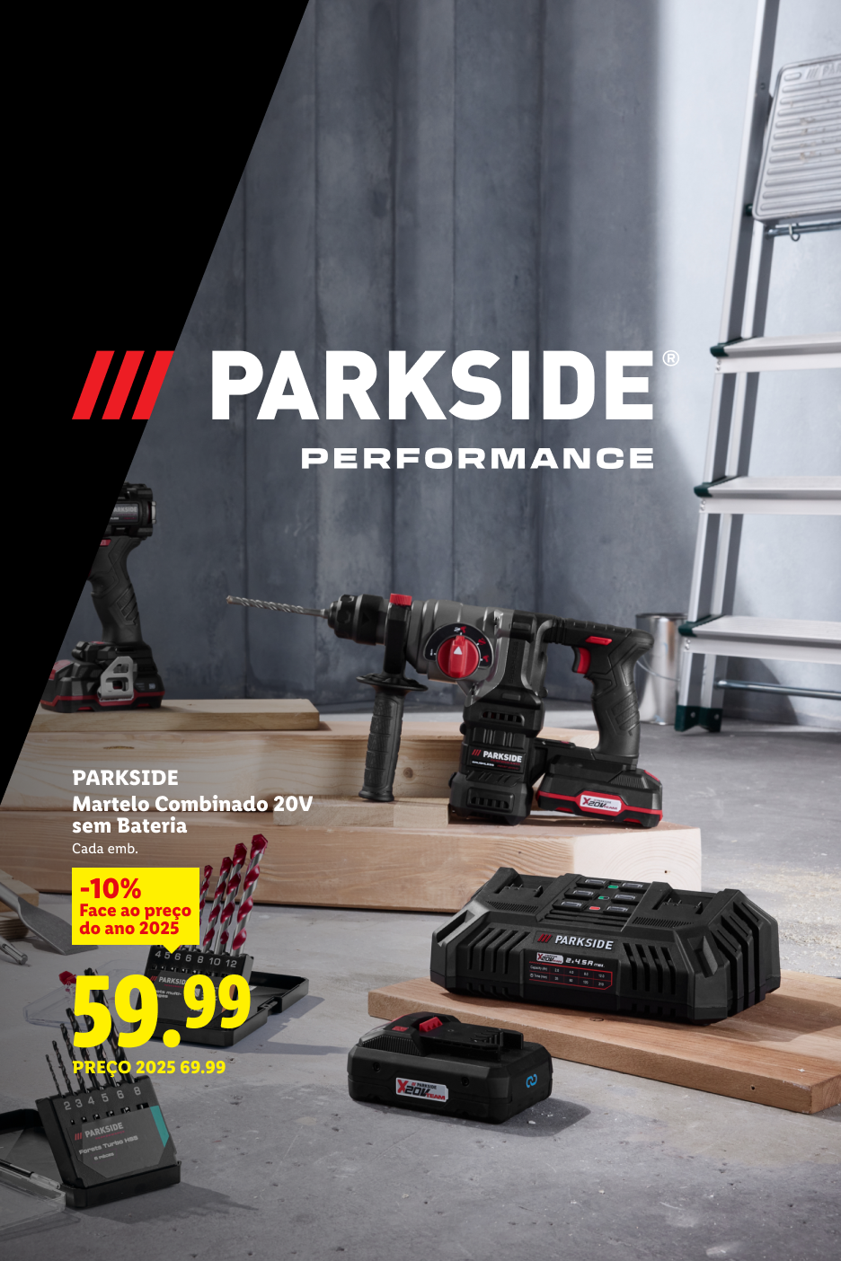 Martelo combinado de 20V sem bateria, com desconto de 10% e preço de 59,99.
