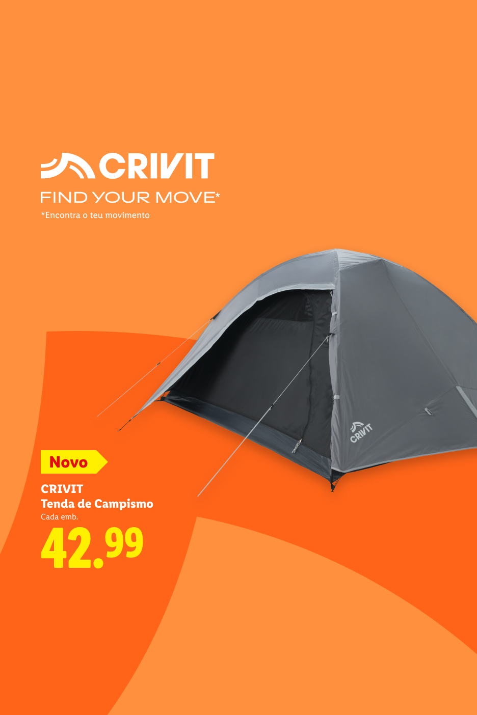 Tenda de campismo cinzenta com o logótipo da marca, preço de 42,99€ e o texto 'Encontra o teu movimento'.