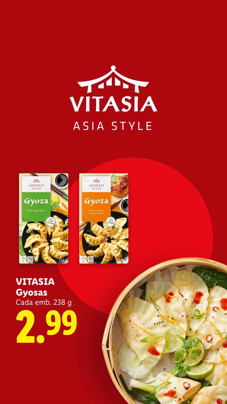 Gyoza de estilo japonês com vegetais e frango, embalagens de 238g por 2,99€.