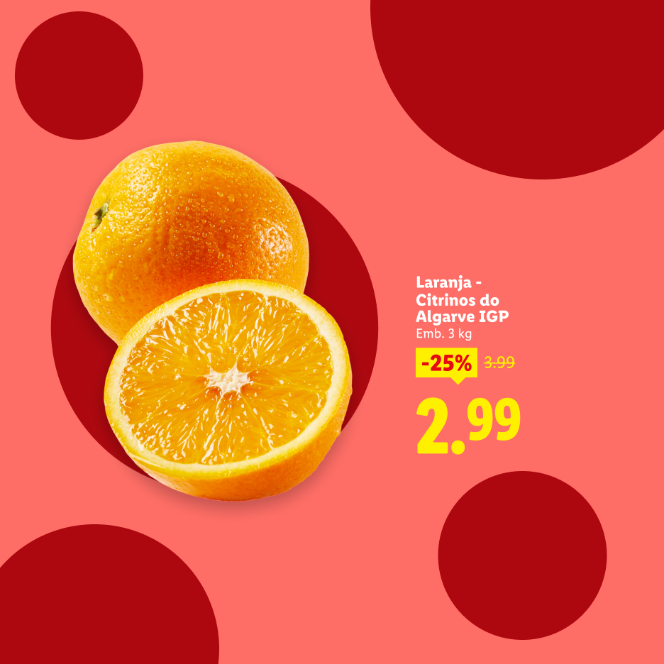 Laranjas frescas com 25% de desconto, agora 2,99.