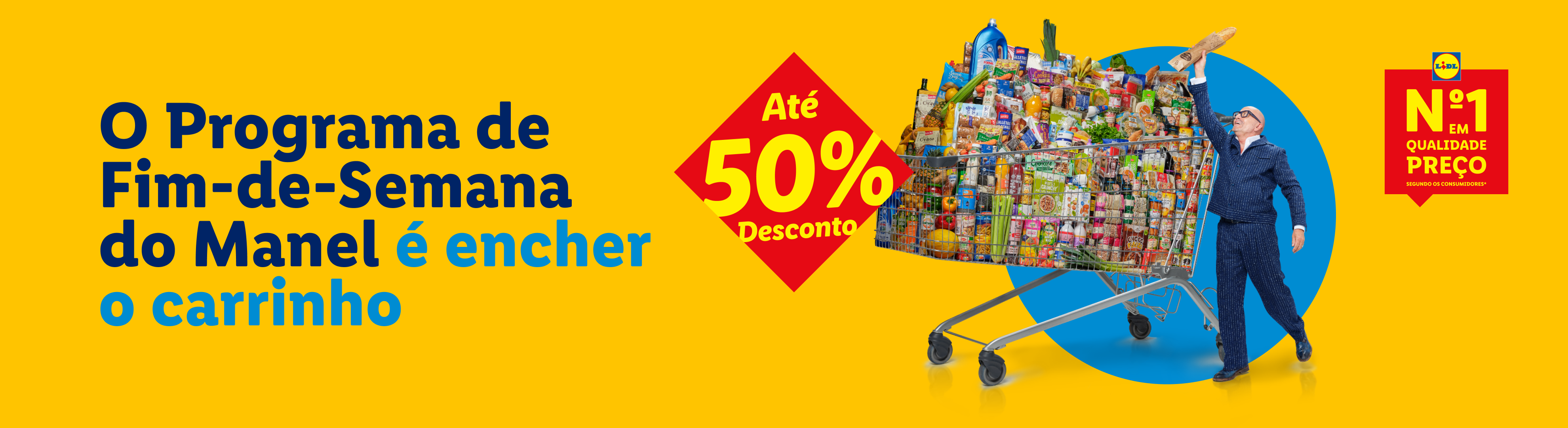 Homem com carrinho de compras cheio de produtos, com destaque para pão, legumes e produtos embalados, e texto 'Até 50% Desconto' e 'Nº1 em Qualidade Preço'.