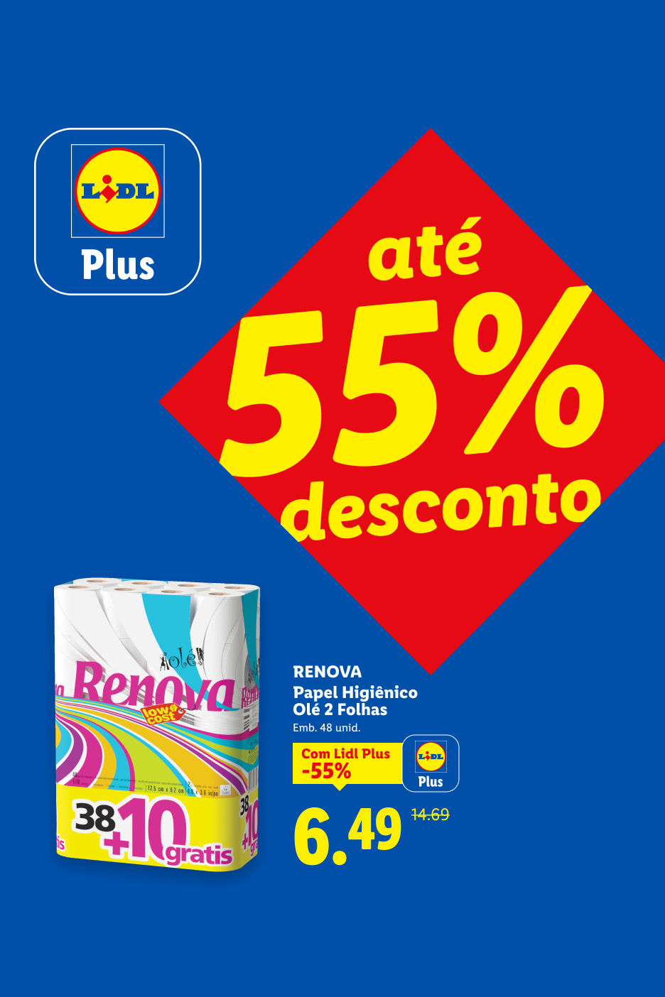 Rolo de papel higiénico com 55% de desconto com Lidl Plus, preço final de 6,49€.