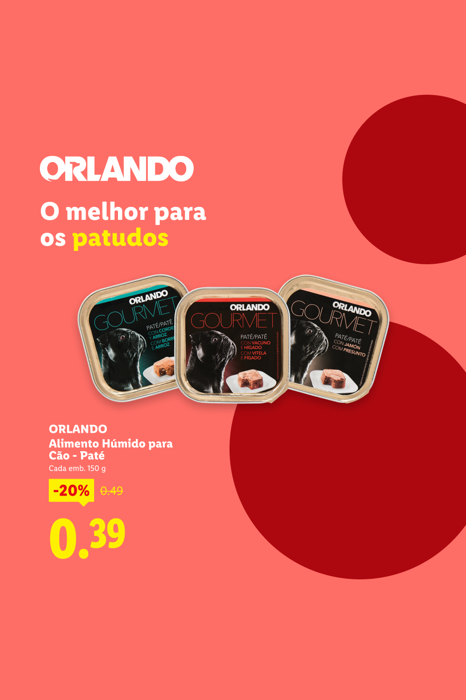 Três patés de cão em lata com diferentes sabores, com desconto de 20%.