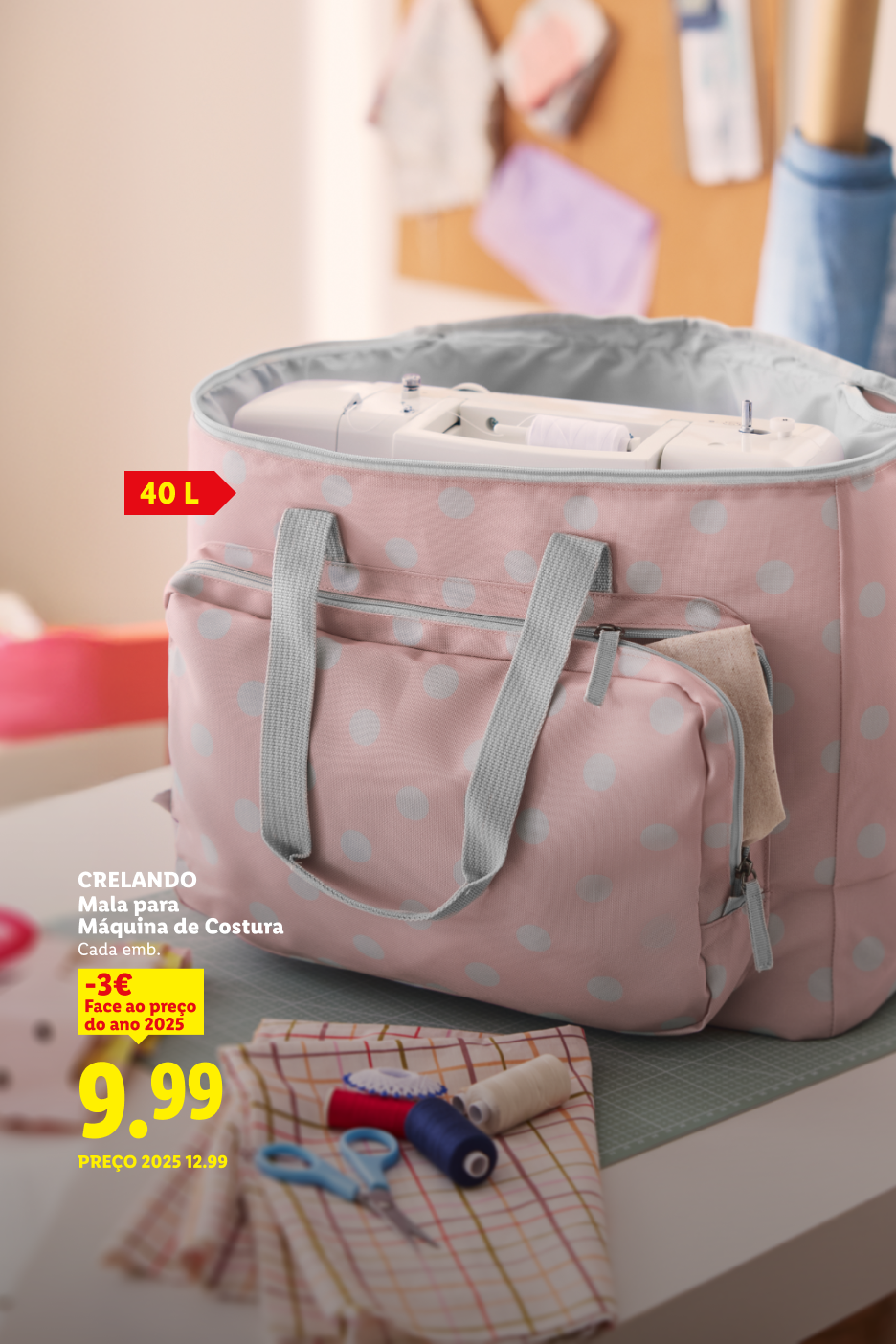 Mala de costura rosa às bolinhas com máquina de costura, 40L, preço 9,99€.