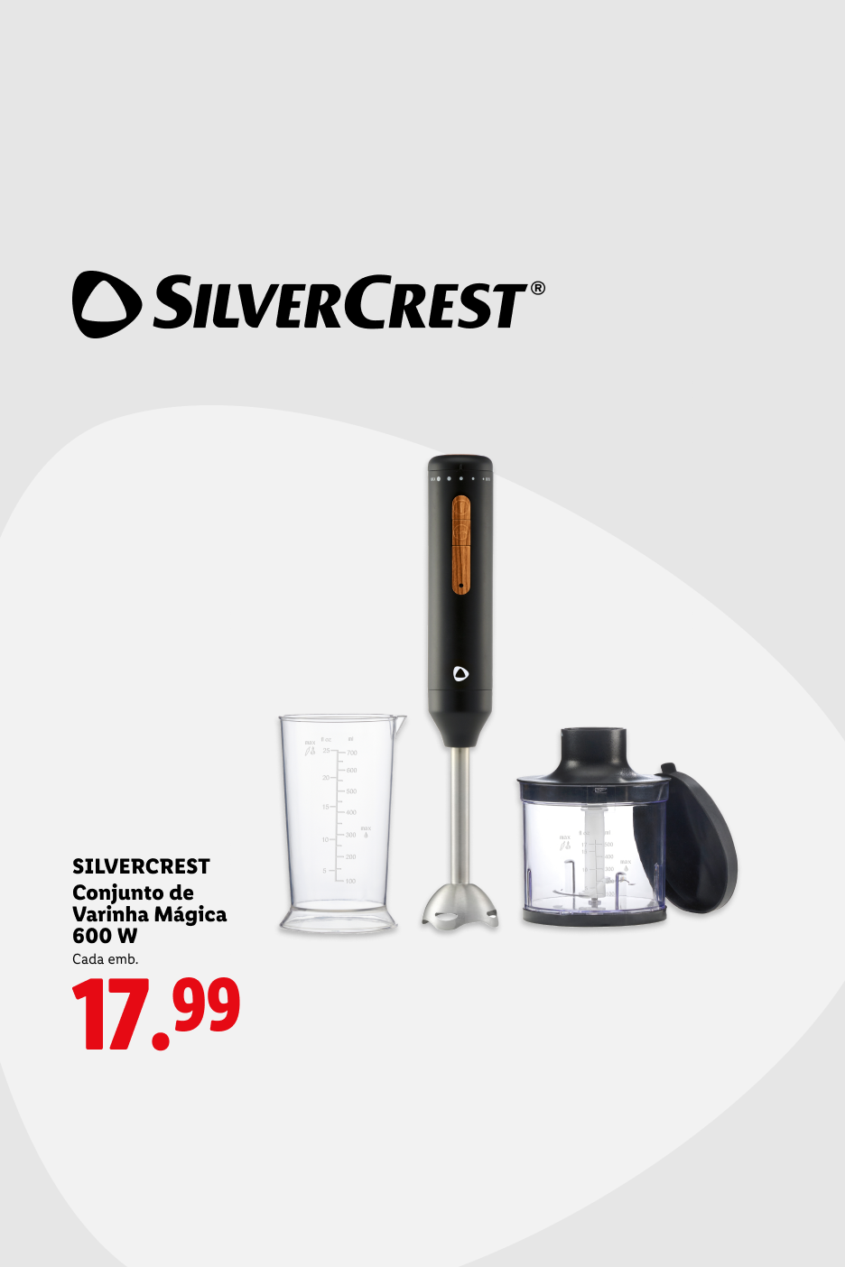 Um conjunto de varinha mágica de 600W com copo medidor e picador, custa 17,99€.