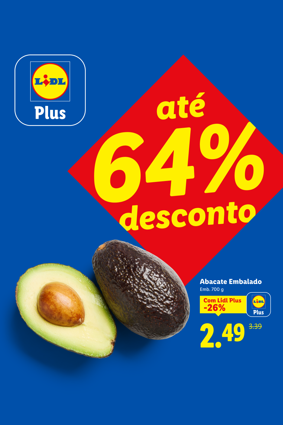 Abacate embalado com desconto de 64% e preço especial de 2,49€ com o Lidl Plus.