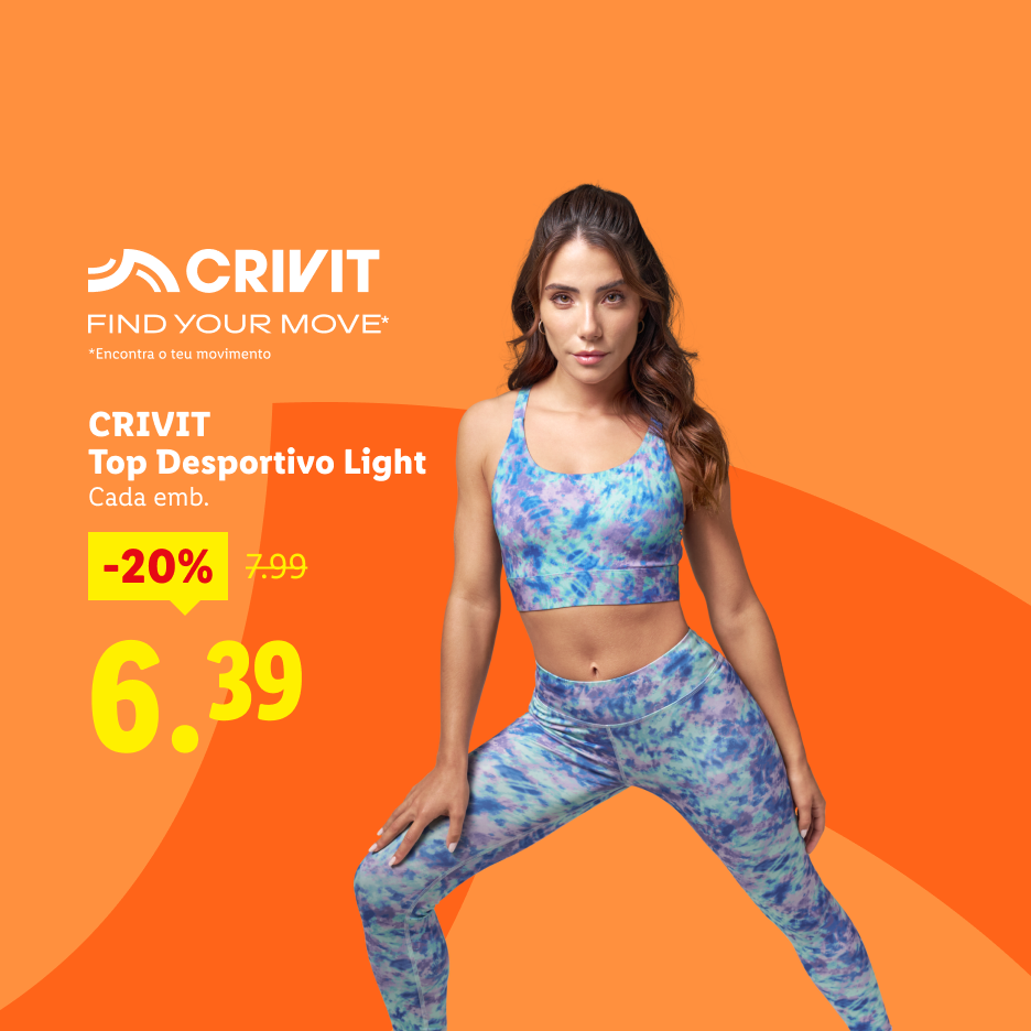 Mulher em conjunto desportivo tie-dye, com top e leggings, e desconto de 20% no top.