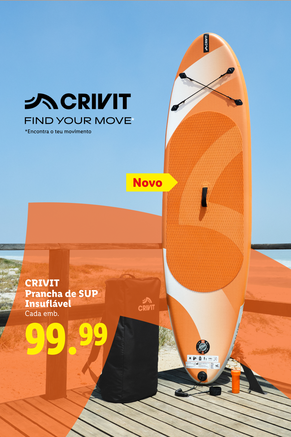 Prancha de SUP insuflável laranja e branca com o texto 'Novo' e o preço '99.99'.