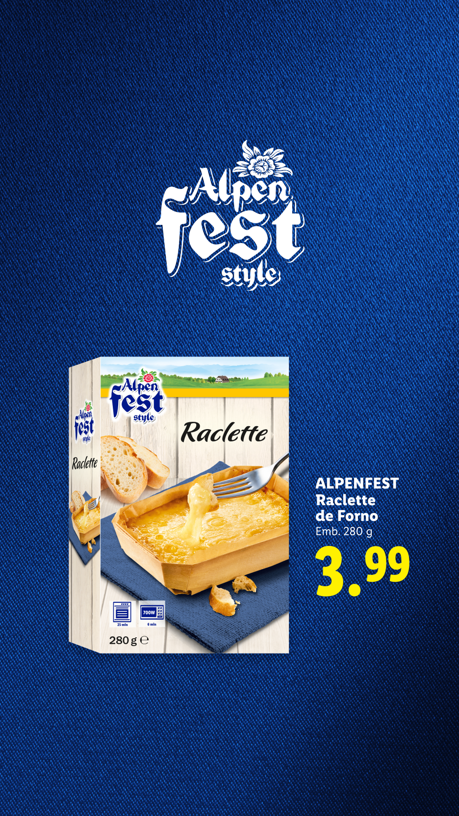 Raclette de forno com pão, embalagem de 280g, preço 3,99.