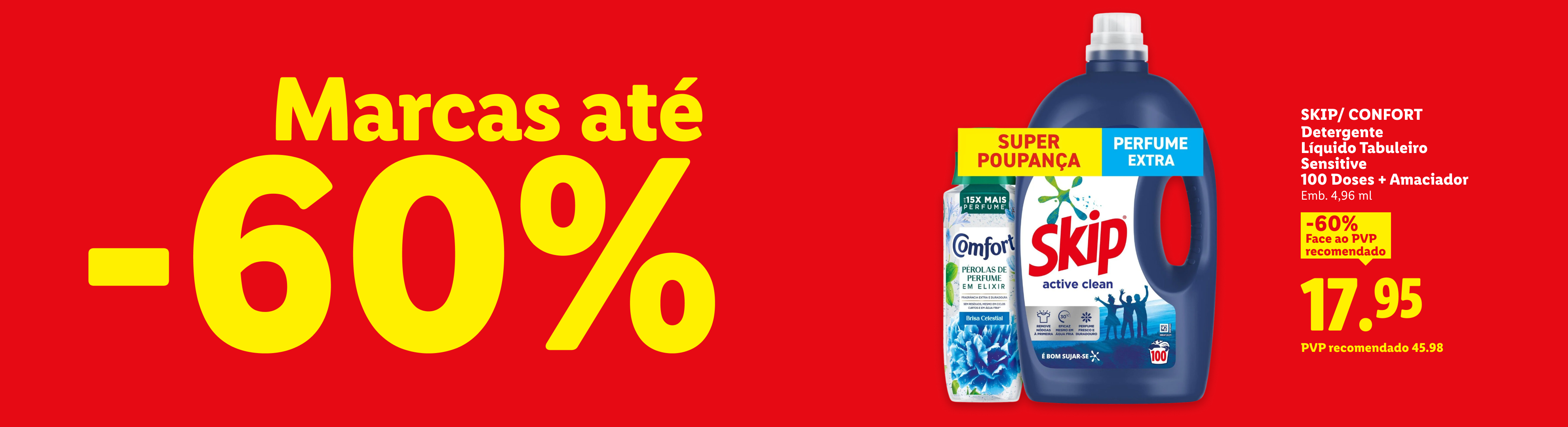 Detergente líquido e amaciador com 60% de desconto, preço final de 17,95€.