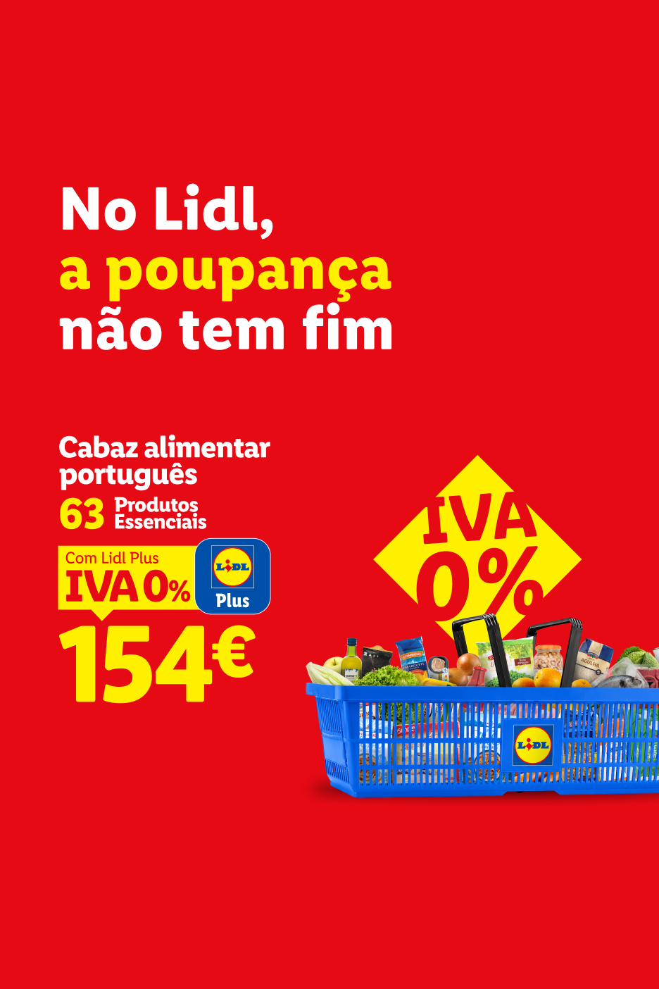 Cesto de compras com produtos essenciais, destacando poupança e IVA 0%.