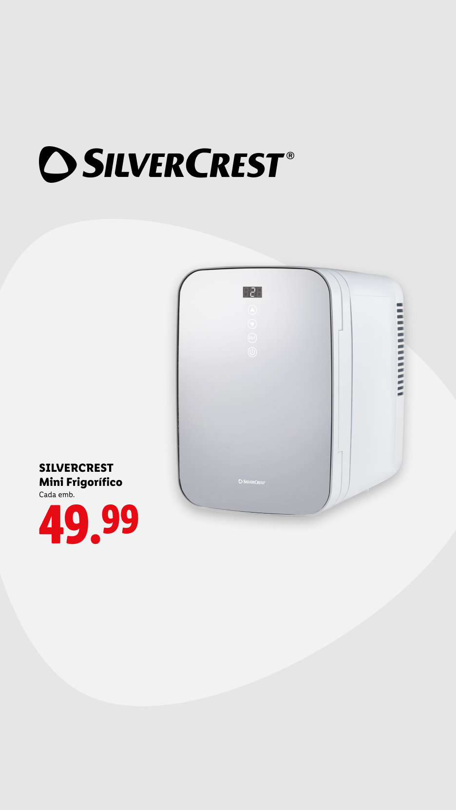 Um mini frigorífico branco com um ecrã digital, exibindo o preço de 49,99.