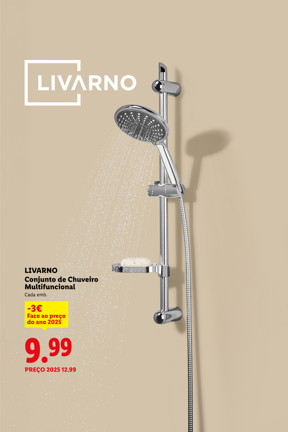Conjunto de chuveiro multifuncional com saboneteira, preço 9,99€.