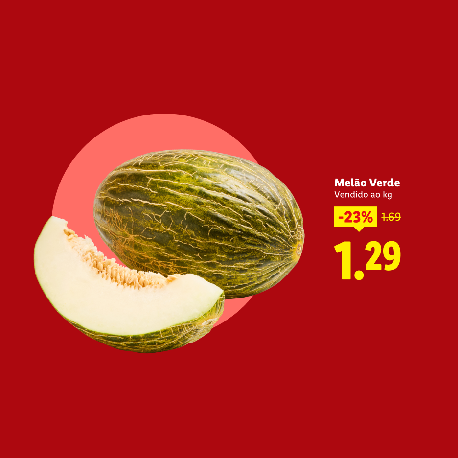 Melão verde com 23% de desconto, agora 1,29€/kg.
