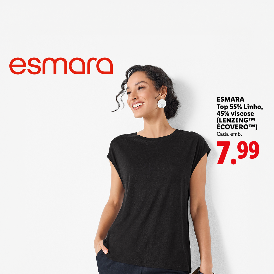 Top preto de mulher em linho e viscose, com preço de 7,99€.