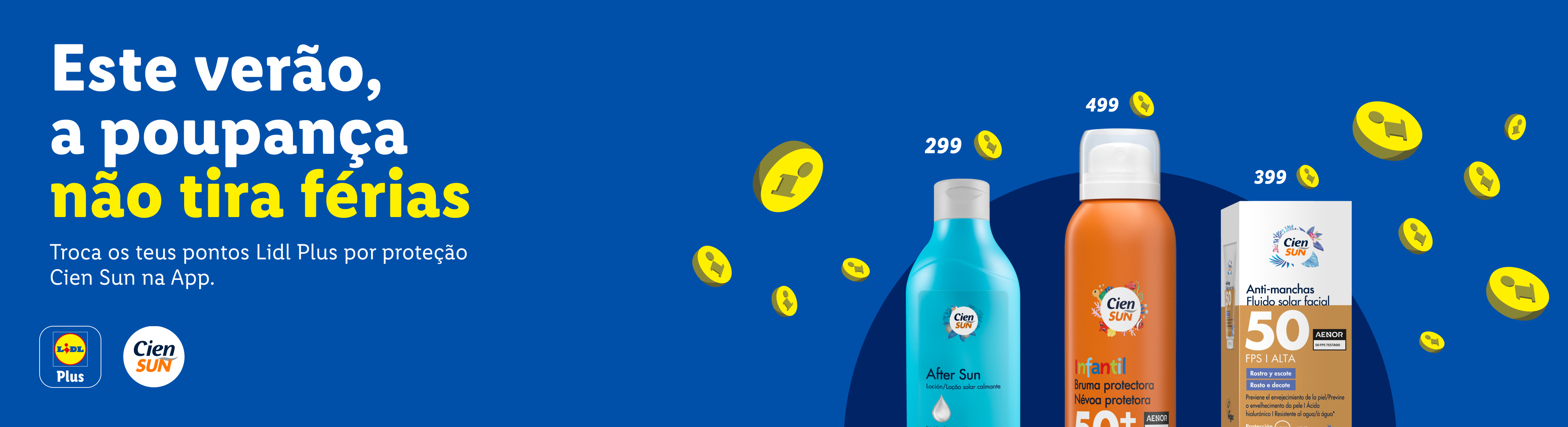 Campanha de verão com protetores solares e after sun, destacando poupança e pontos Lidl Plus.