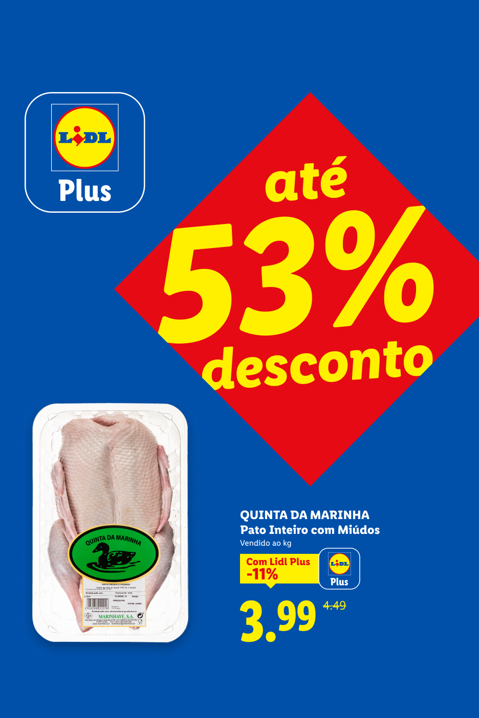 Pato inteiro com miúdos, com desconto de 53% e preço de 3,99€ com Lidl Plus.