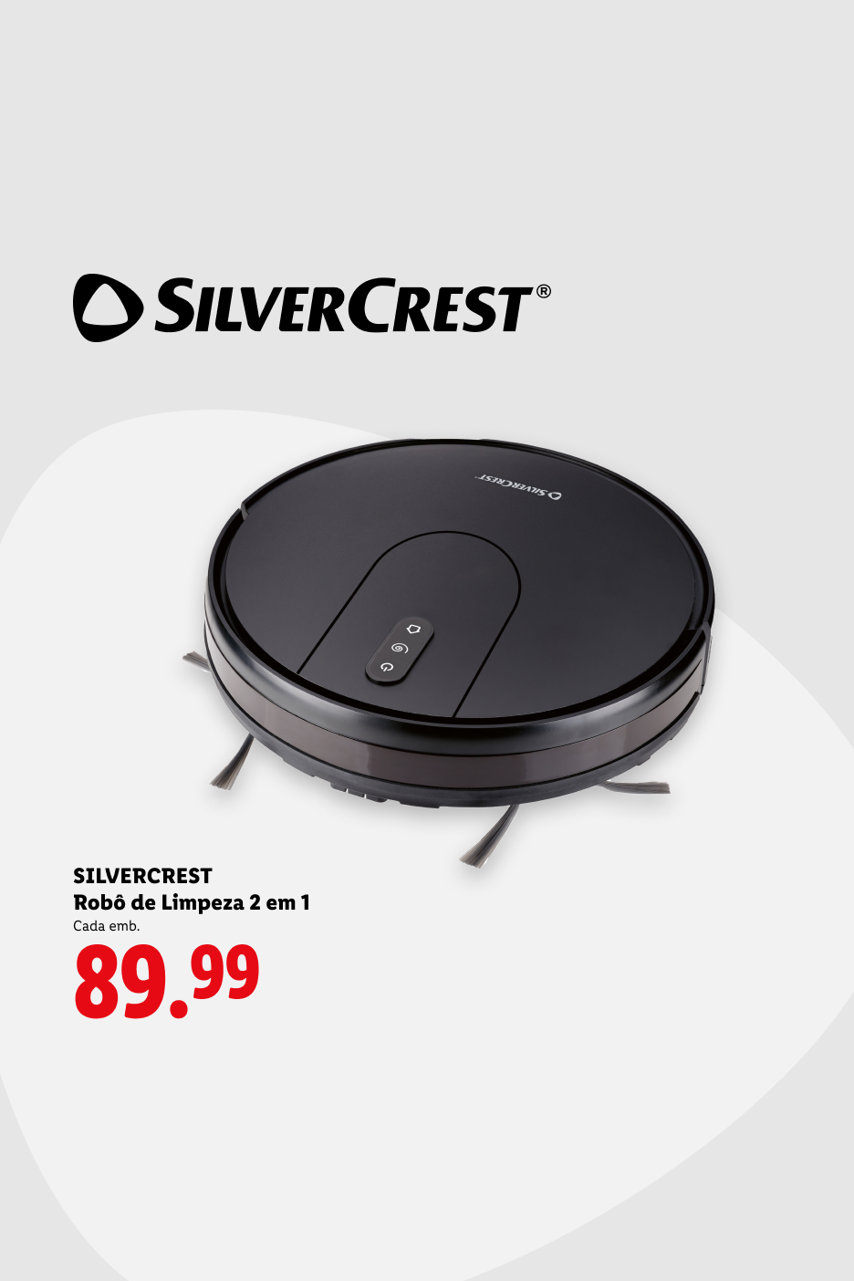 Robô de limpeza 2 em 1, preto, com preço de 89,99.