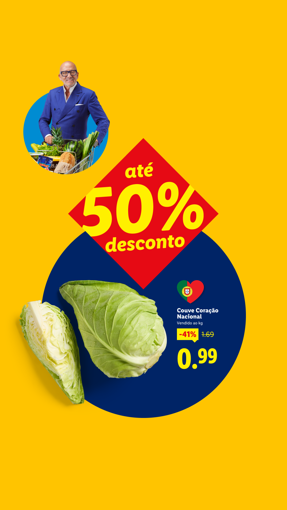 Homem com carrinho de compras, couve-coração com 50% de desconto, agora 0,99€/kg.