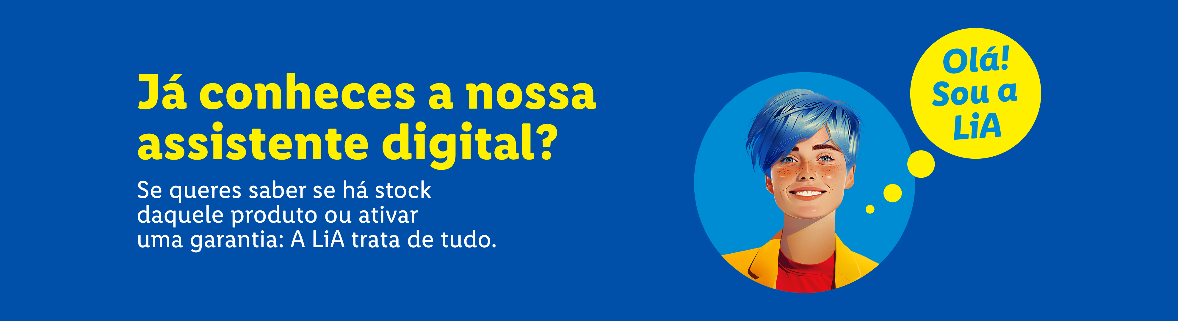 Assistente digital LiA com cabelo azul e sardas, sorrindo, com balão de fala 'Olá! Sou a LiA'.