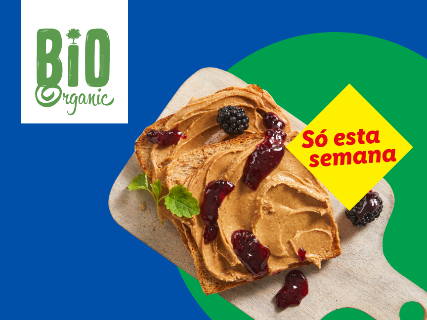 Pão com manteiga de amendoim e geléia Bio Organic, promoção por tempo limitado.