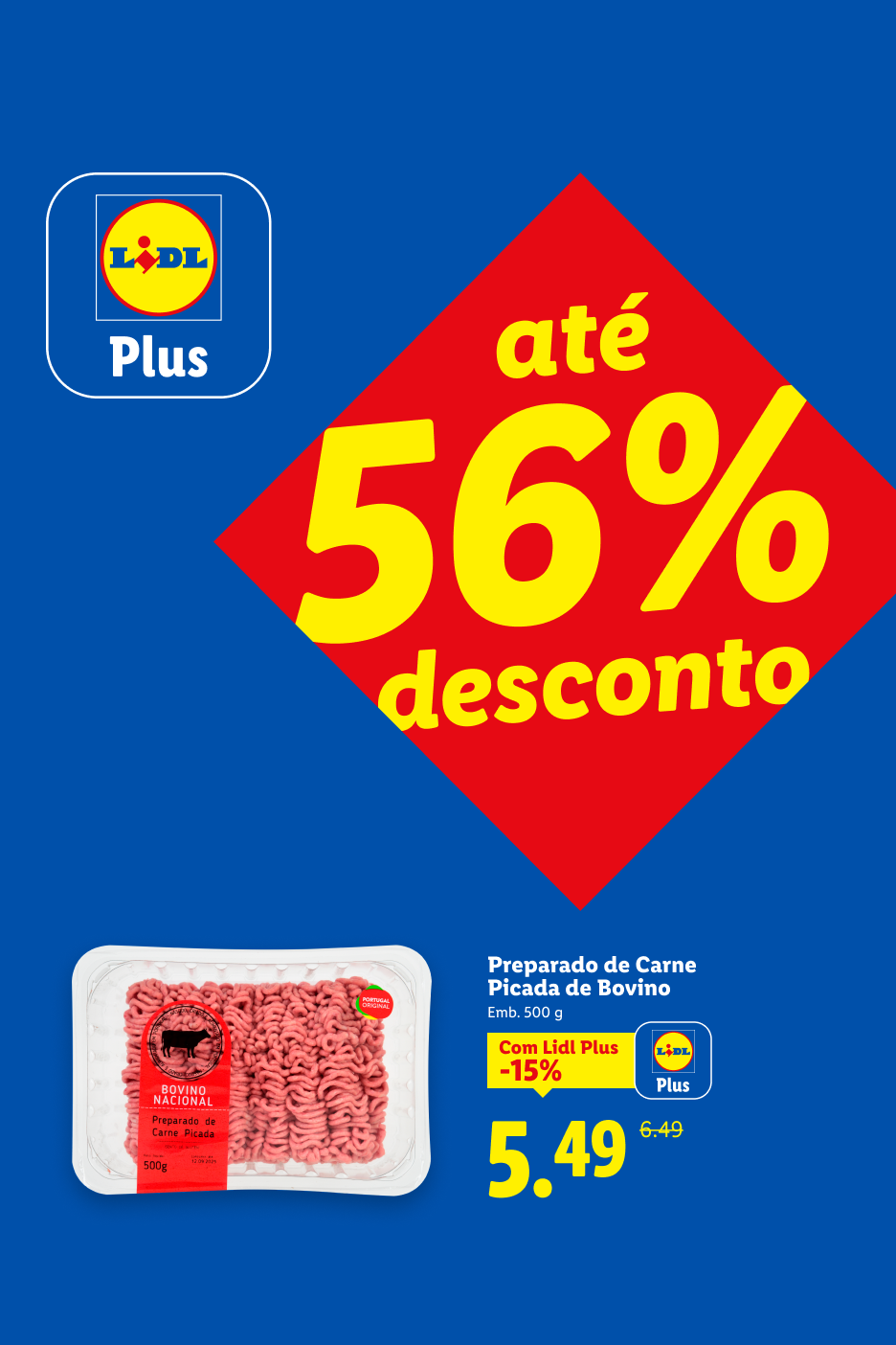 Embalagem de carne picada de bovino com 56% de desconto, preço final de 5,49€.