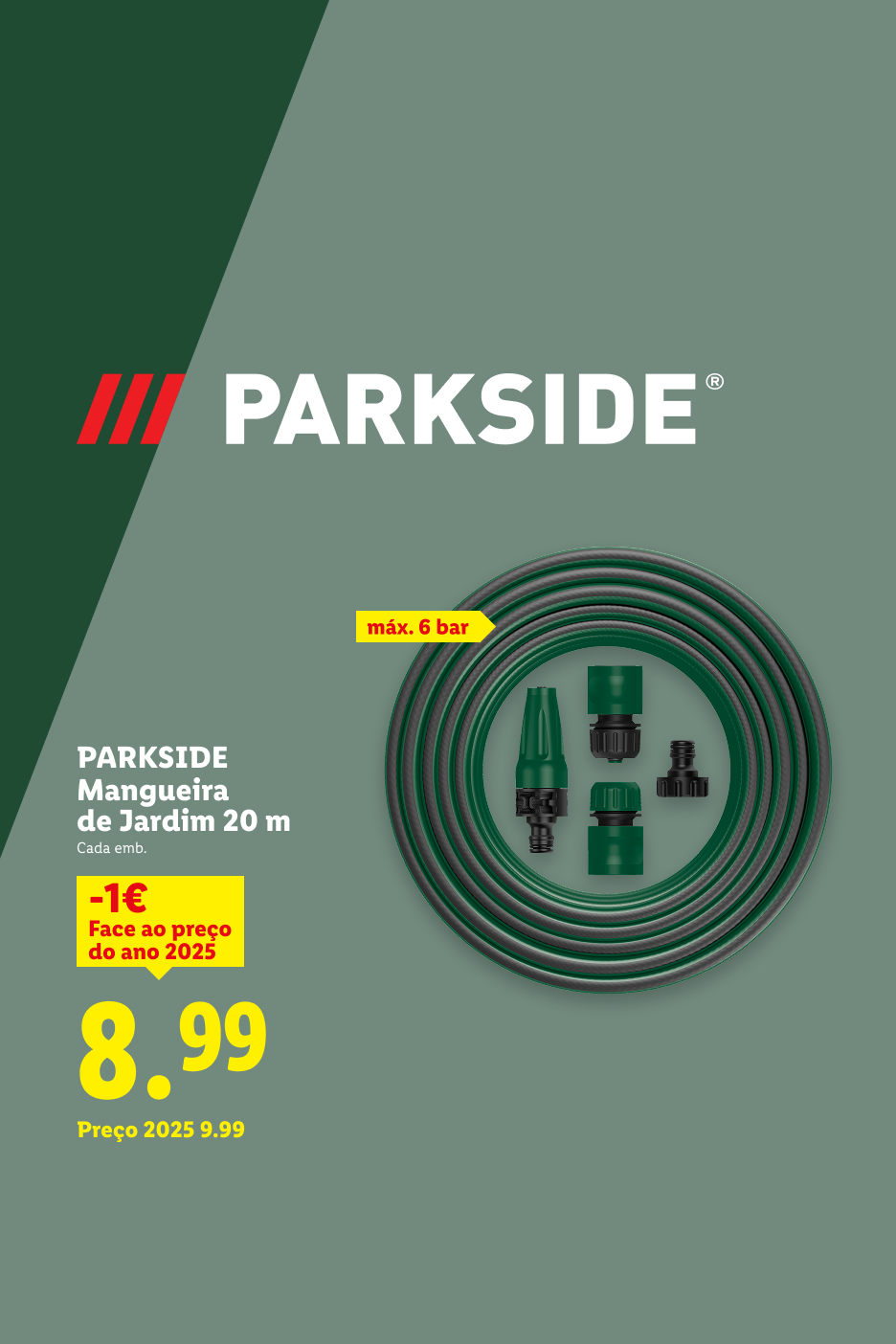 Mangueira de jardim de 20 m com acessórios, máx. 6 bar, por 8,99€.