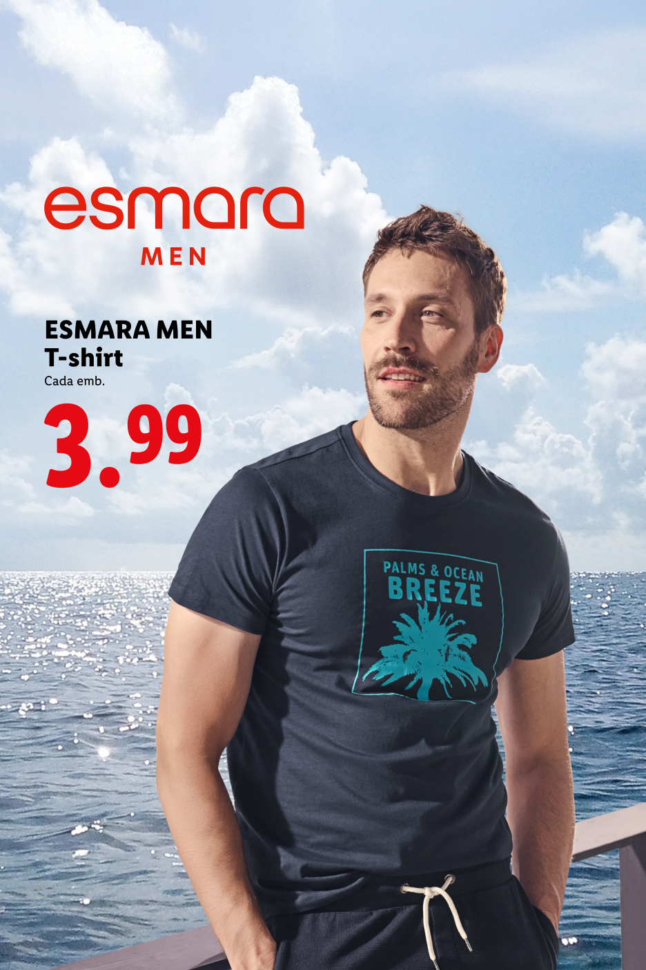 T-shirt masculina com estampado de palmeira, preço 3,99€.