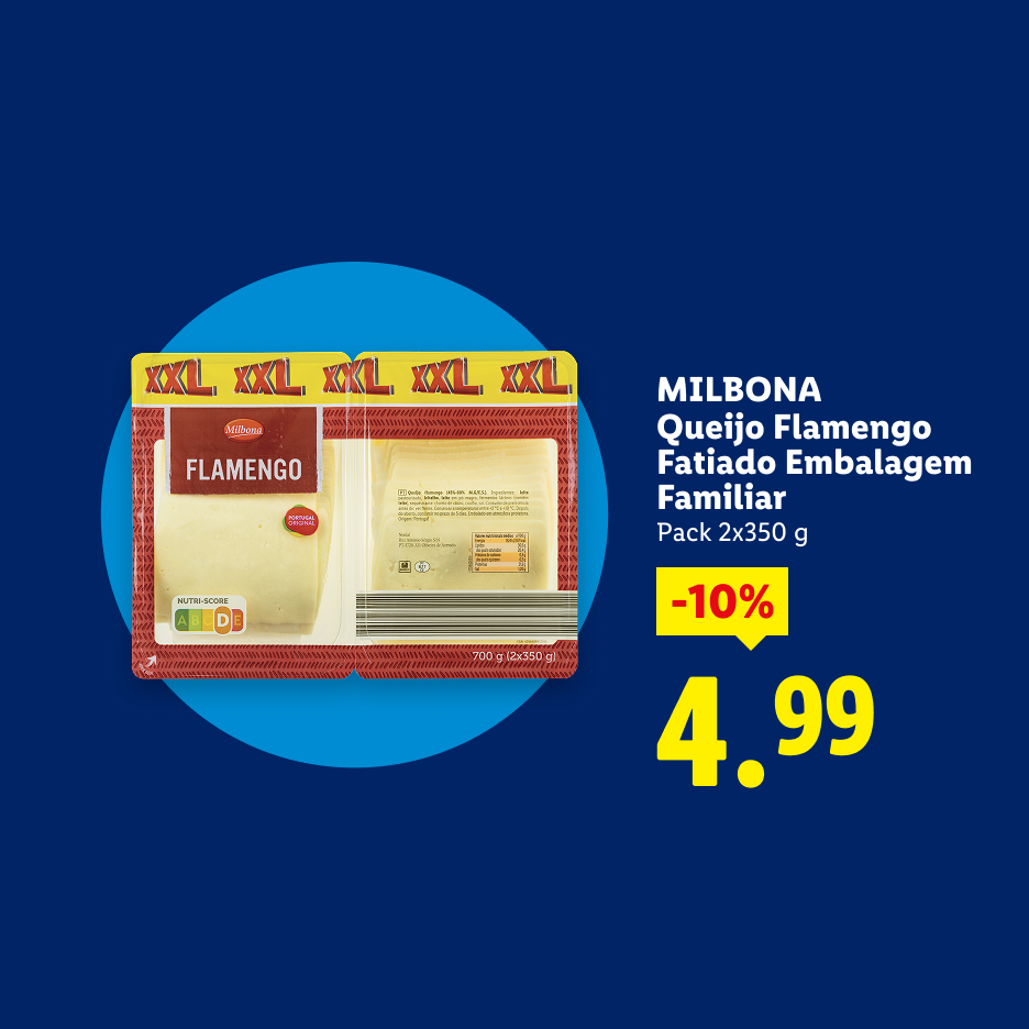Queijo Flamengo fatiado em embalagem familiar, com desconto de 10% e preço de 4,99€.