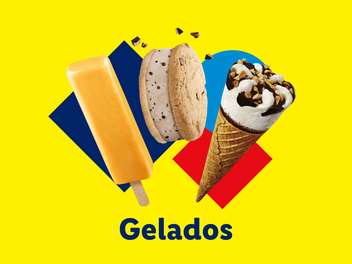 Gelados: sorvete em casquinha, sanduíche de biscoito e picolé.