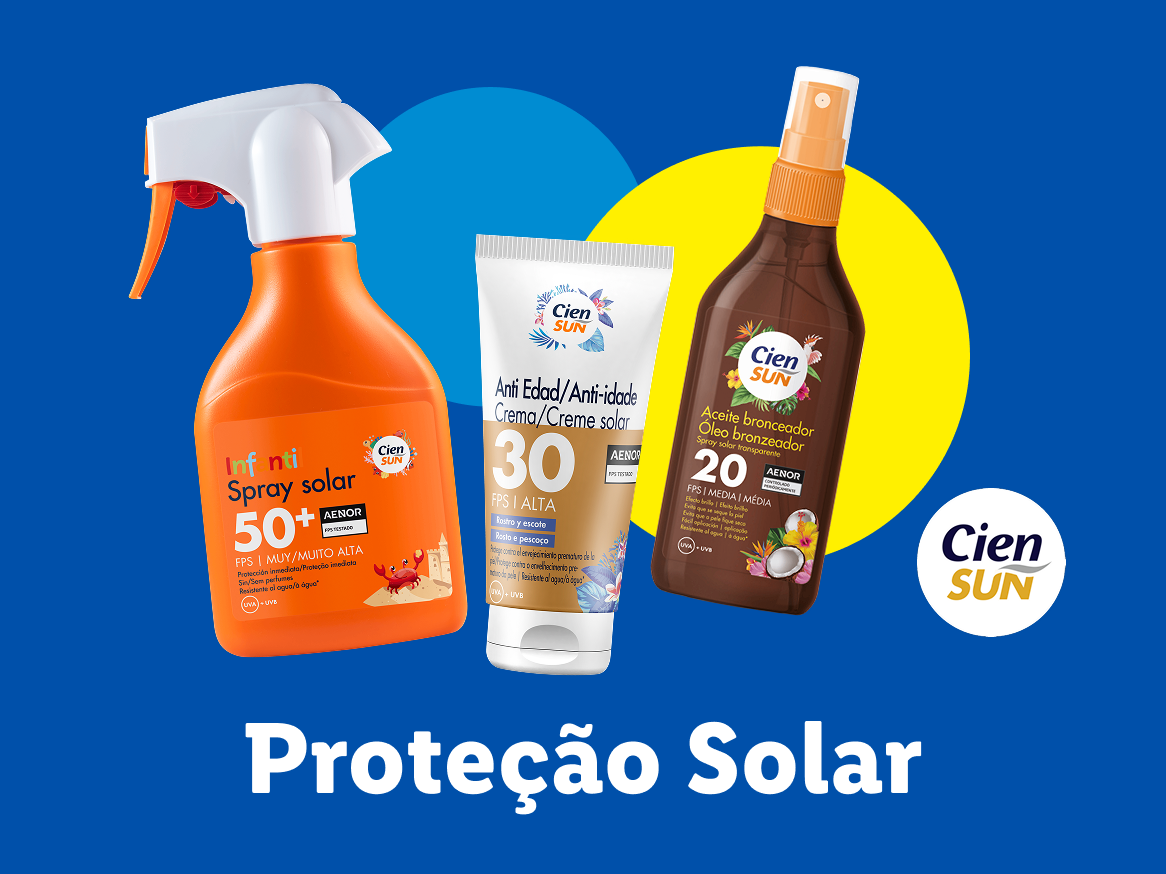 Proteção solar Cien Sun: spray solar infantil FPS 50+, creme anti-idade FPS 30 e óleo bronzeador FPS 20.