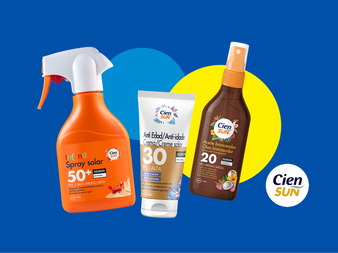 Três produtos Cien SUN: um spray solar infantil FPS 50+, um creme solar antienvelhecimento FPS 30 e um óleo bronzeador FPS 20.