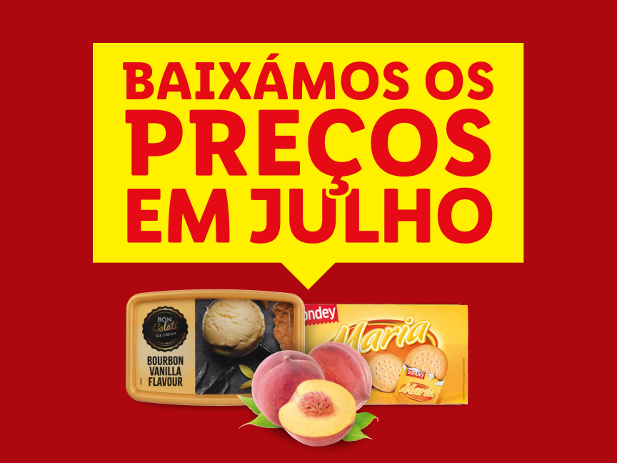 Promoção de julho com preços baixos em sorvete Bon Gelati e biscoitos Maria.