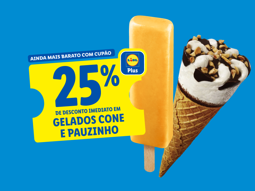 Promoção Lidl Plus: 25% de desconto em gelados cone e pauzinho.
