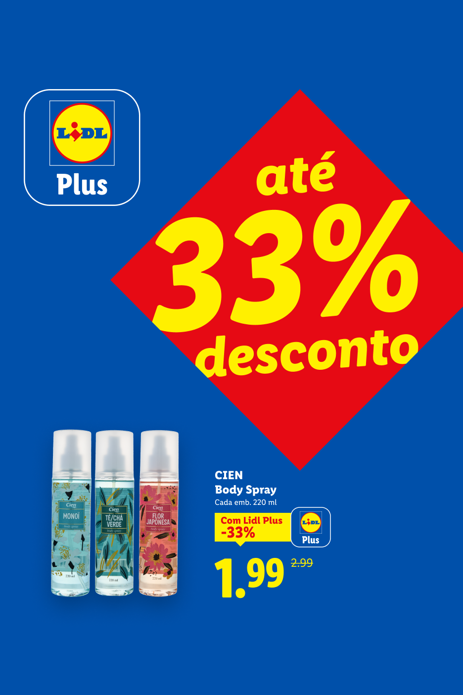 Promoção de até 33% de desconto em body sprays, agora a 1,99€ com Lidl Plus.
