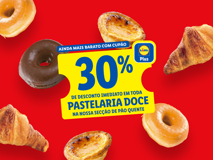 Oferta Lidl Plus: 30% de desconto em pastelaria doce (donuts, croissants, pastéis de nata).