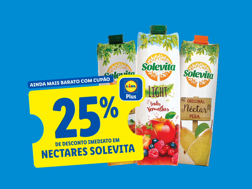 Promoção Lidl: 25% de desconto em néctares Solevita (frutas vermelhas, pera).