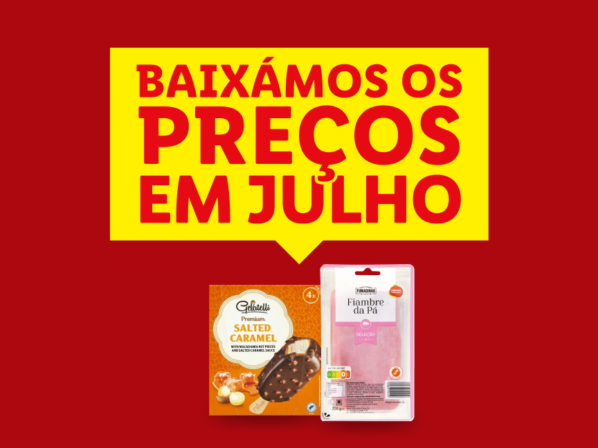 Promoção de julho com preços baixos em sorvetes Gelatelli e fiambre Fumadinho.