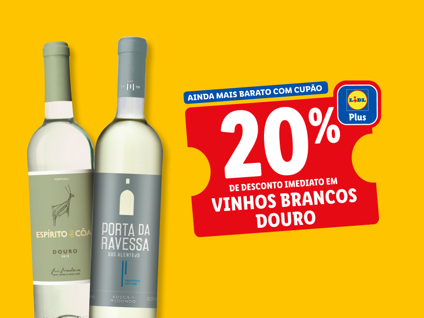 Promoção Lidl Plus: 20% de desconto em vinhos brancos Douro, incluindo Espirito & Coa e Porta da Ravessa.