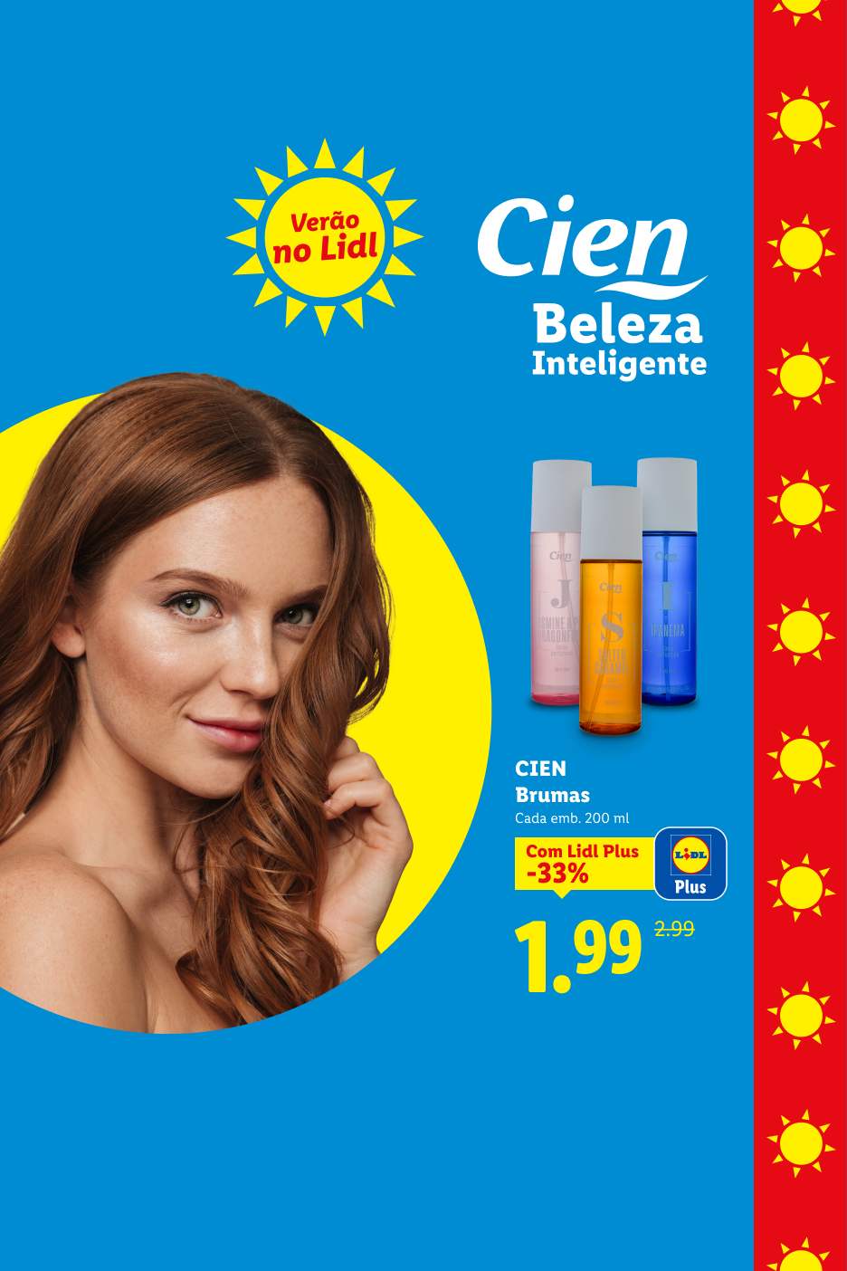 Mulher sorridente com brumas corporais em destaque, com o tema 'Verão no Lidl' e desconto de 33%.